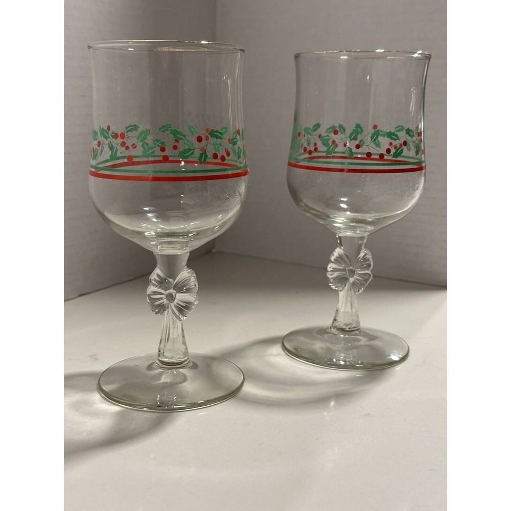 Arby’s Christmas Holly Berry Bow Stem Holly Vtg Goblets Libbey Parfait Bowl Set - Picture 16 of 16
